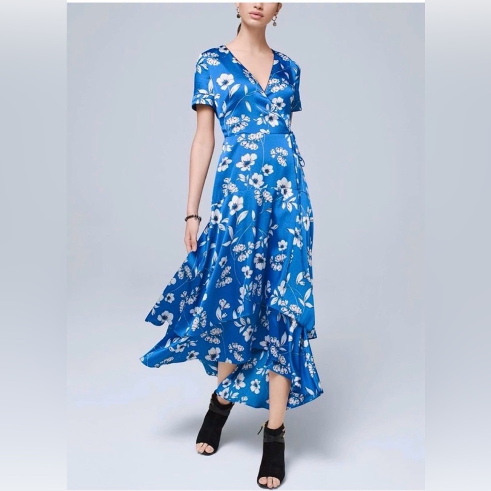 White House Black Market Satin‎ Floral Print Faux Wrap Midi Dress Lined size 0